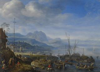 Herman Saftleven - A View Of Linz Am Rhein, With Barges Unloading At A Quay And An Inn Nearby
