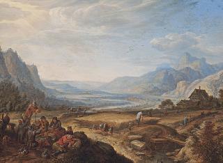 Herman Saftleven - An extensive mountainous landscape with figures resting in the foreground, others harvesting, a river valley beyond