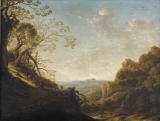 Herman Saftleven - An extensive mountainous landscape with travellers and a shepherd with his flock on a path, a valley beyond