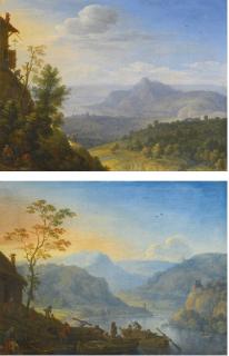 Herman Saftleven - An Extensive Rhenish River Landscape In The Morning; An Extensive Rhenish River Landscape In The Evening