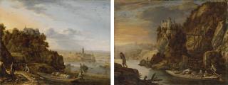 Herman Saftleven - An extensive river landscape with figures fishing and unloading a boat, a hilltop castle and a town beyond; and A river landscape with figures in a tow-barge, a hilltop castle beyond