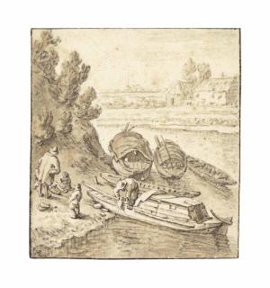 Herman Saftleven - Boats Moored By A Riverbank With A Family On The Shore