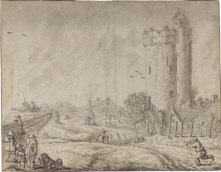Herman Saftleven - Figures by the city wall of Utrecht with the Bijlhouwertoren to the right