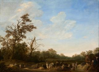 Herman Saftleven - Landschaft mit Schafen und Ziegen am Waldrand framed 52.0 x 65.8 x 4.5 cm (20 1/2 x 25 7/8 x 1 3/4 in).