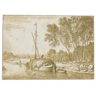 Herman Saftleven - River Landscape With A Hay-Barge Moored By Farm Buildings, Millstones In The Foreground