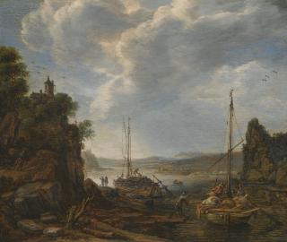 Herman Saftleven - River Landscape With Boats Moored At A Quayside