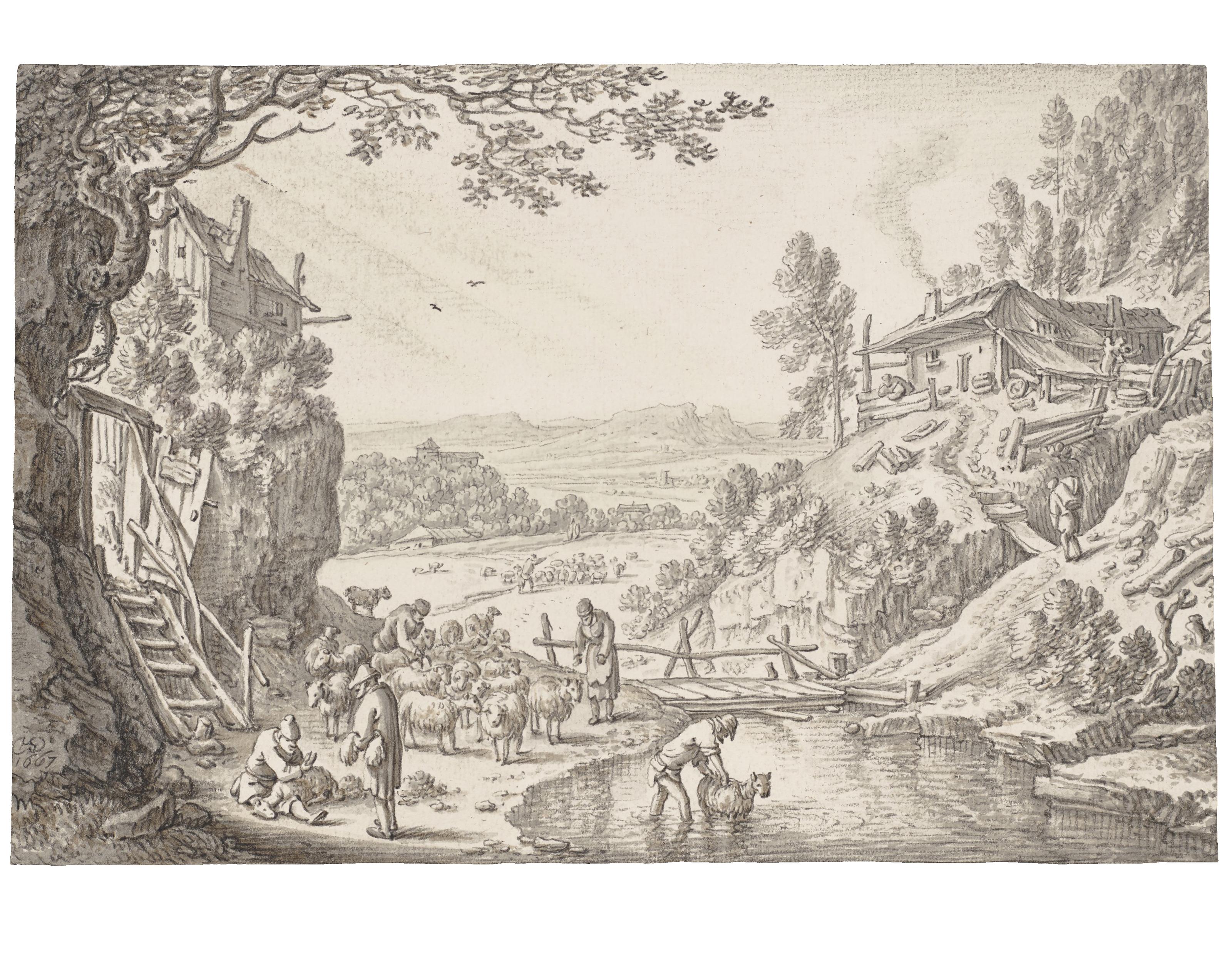 Herman Saftleven - The month June: A river landscape with sheep being washed and sheared