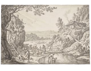 Herman Saftleven - The month June: A river landscape with sheep being washed and sheared