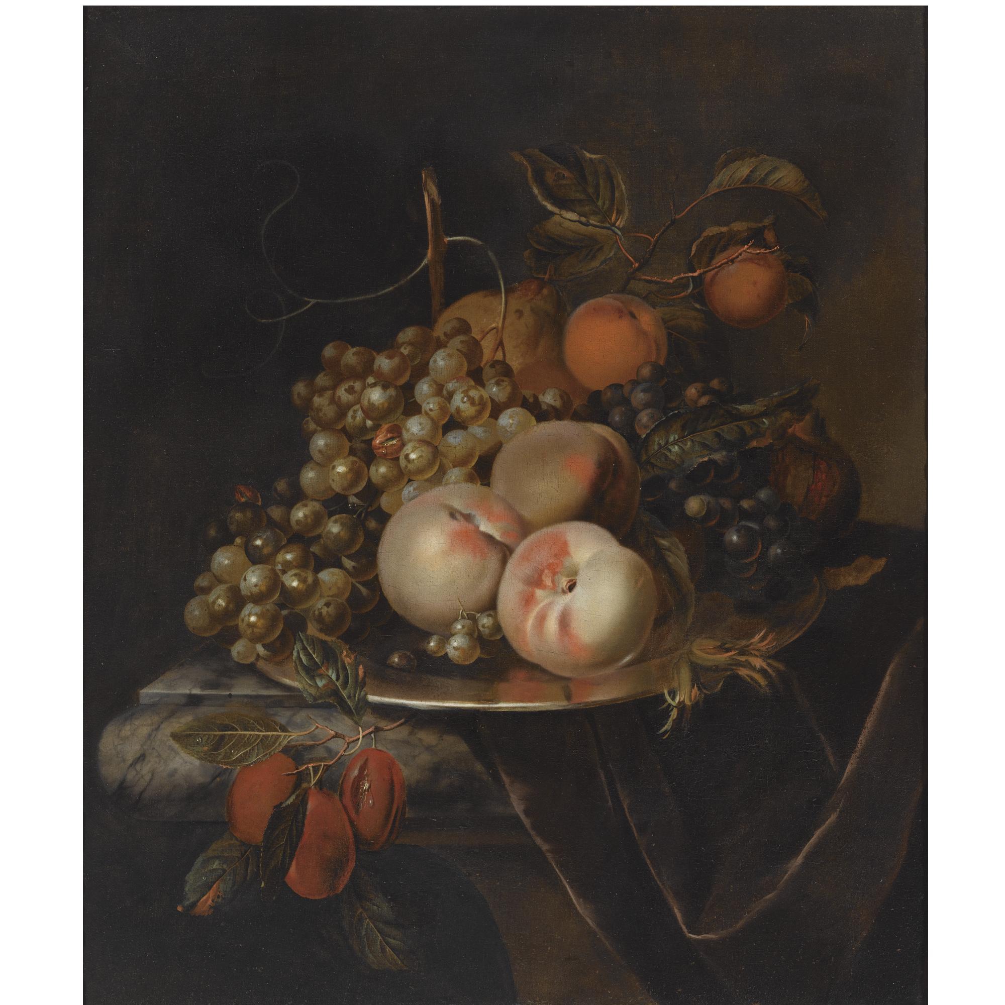 Herman van der Mijn - A Still Life Of Blue And White Grapes, Peaches, Plums, A Pear And A Pomegranate, All On A Pewter Platter, On A Marble Draped Ledge