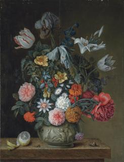 Herman van der Mijn - Roses, Tulips, Lilies, An Iris And Other Flowers In A Porcelain Vase On A Stone Ledge, With Partly-Peeled Lemon, A Snail And Other Insects