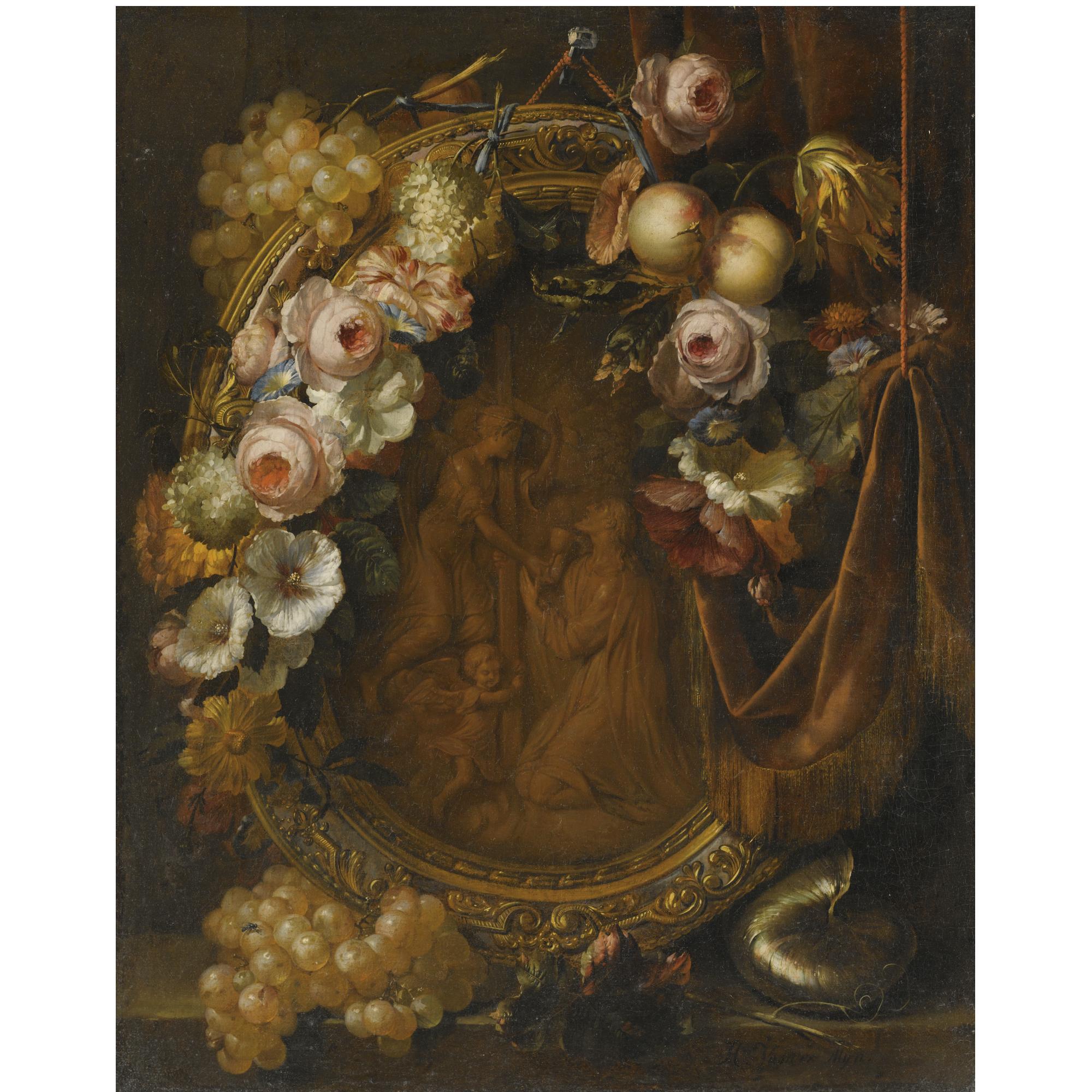 Herman van der Mijn - Still Life With A Garland Of Fruit And Flowers Adorning A Bronze Relief Of The Agony In The Garden