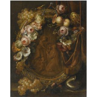 Herman van der Mijn - Still Life With A Garland Of Fruit And Flowers Adorning A Bronze Relief Of The Agony In The Garden