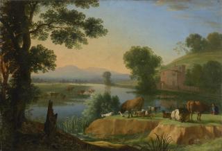 Herman van Swanevelt - A river landscape with goats and cattle, a farmhouse beyond