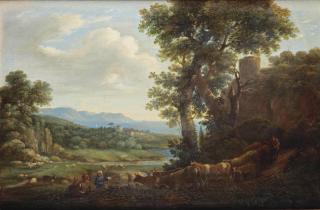 Herman van Swanevelt - A rocky landscape with shepherds and their cattle