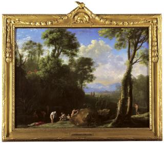 Herman van Swanevelt - A wooded lake landscape with Diana and her nymphs bathing