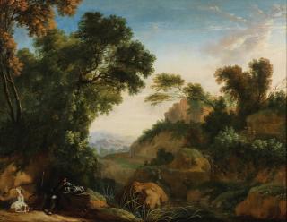 Herman Van Swanevelt - A wooded landscape with a huntsman and his dogs resting on a rock
