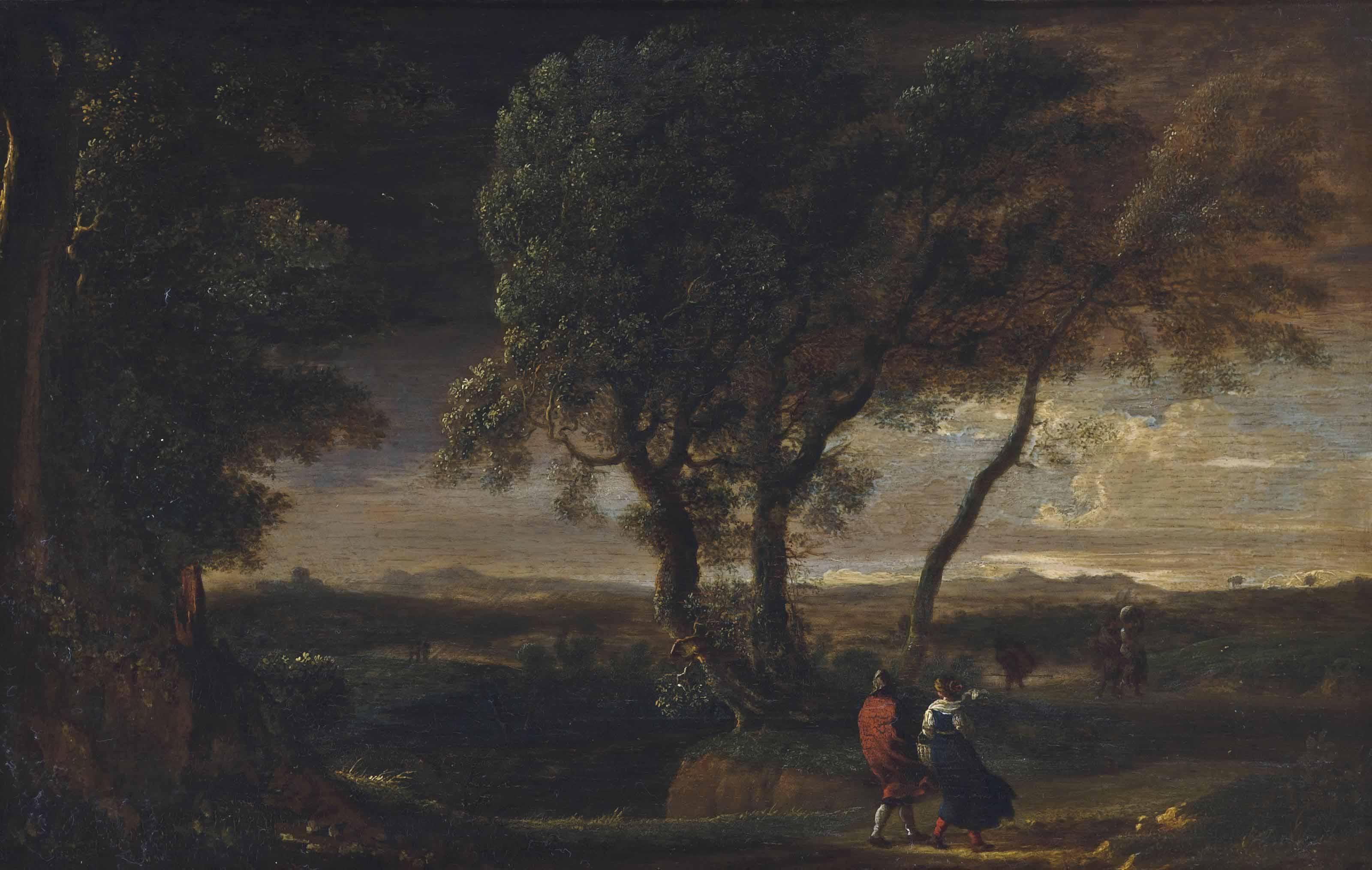 Herman Van Swanevelt - An Extensive Landscape With Travellers On A Track
