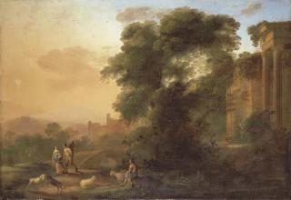 Herman van Swanevelt - An Italianate landscape with a couple on a path by a river, a shepherd resting with his flock and men collecting water by classical ruins
