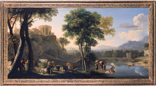 Herman van Swanevelt - An Italianate landscape with a drover, cattle and washer women, a bridge and a hill top temple beyond