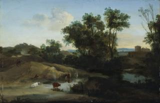 Herman Van Swanevelt - An Italianate landscape with figures and cattle by a pool