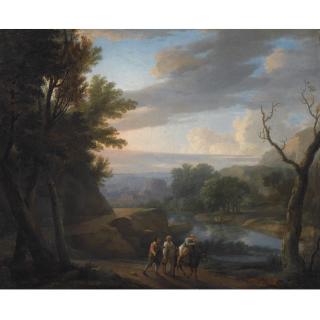 Herman van Swanevelt - An Italianate Wooded Landscape With Travellers On A Path Along The Riverside