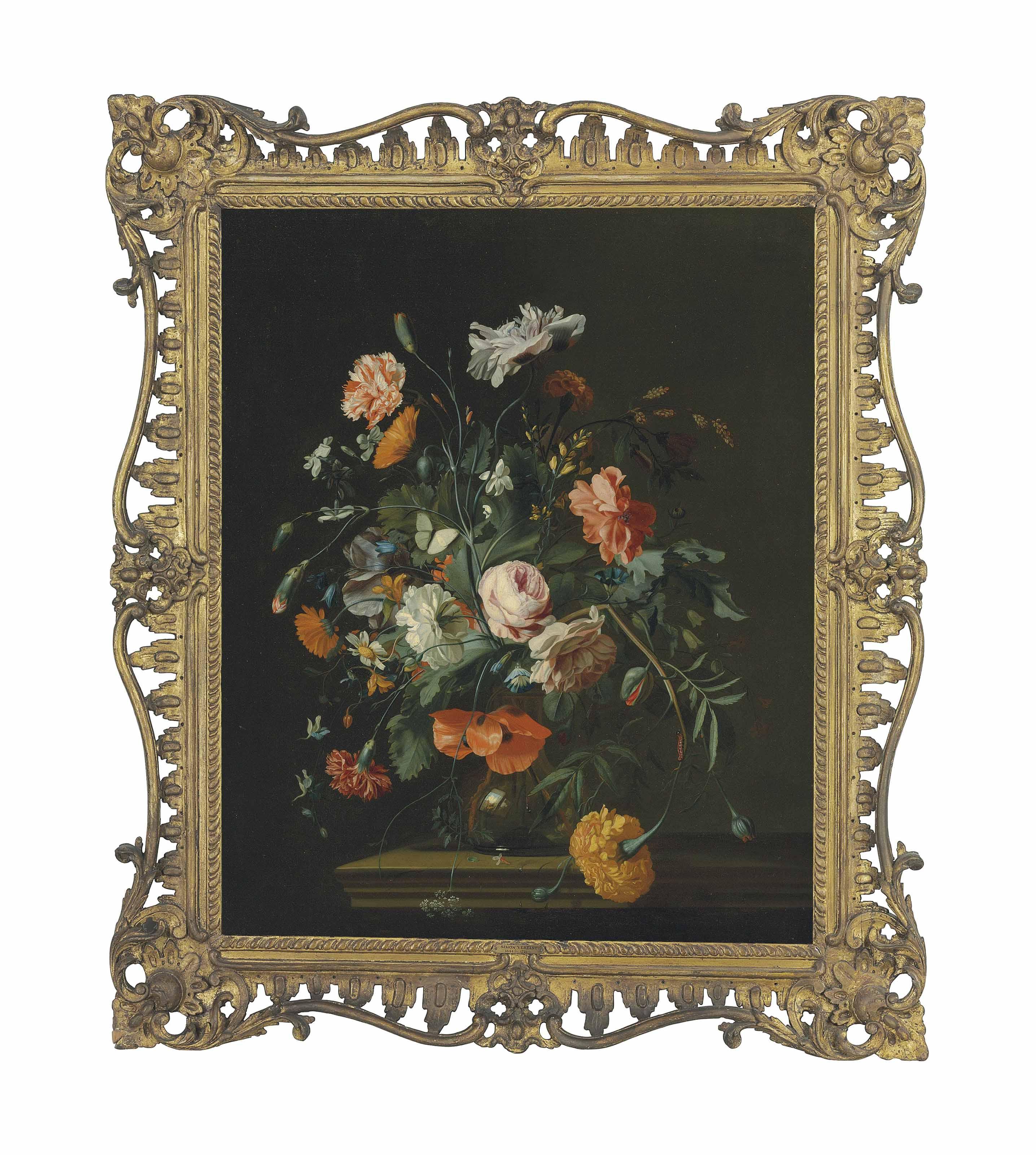 Herman Verelst - Carnations, roses, peonies and other flowers in a glass vase on a stone ledge