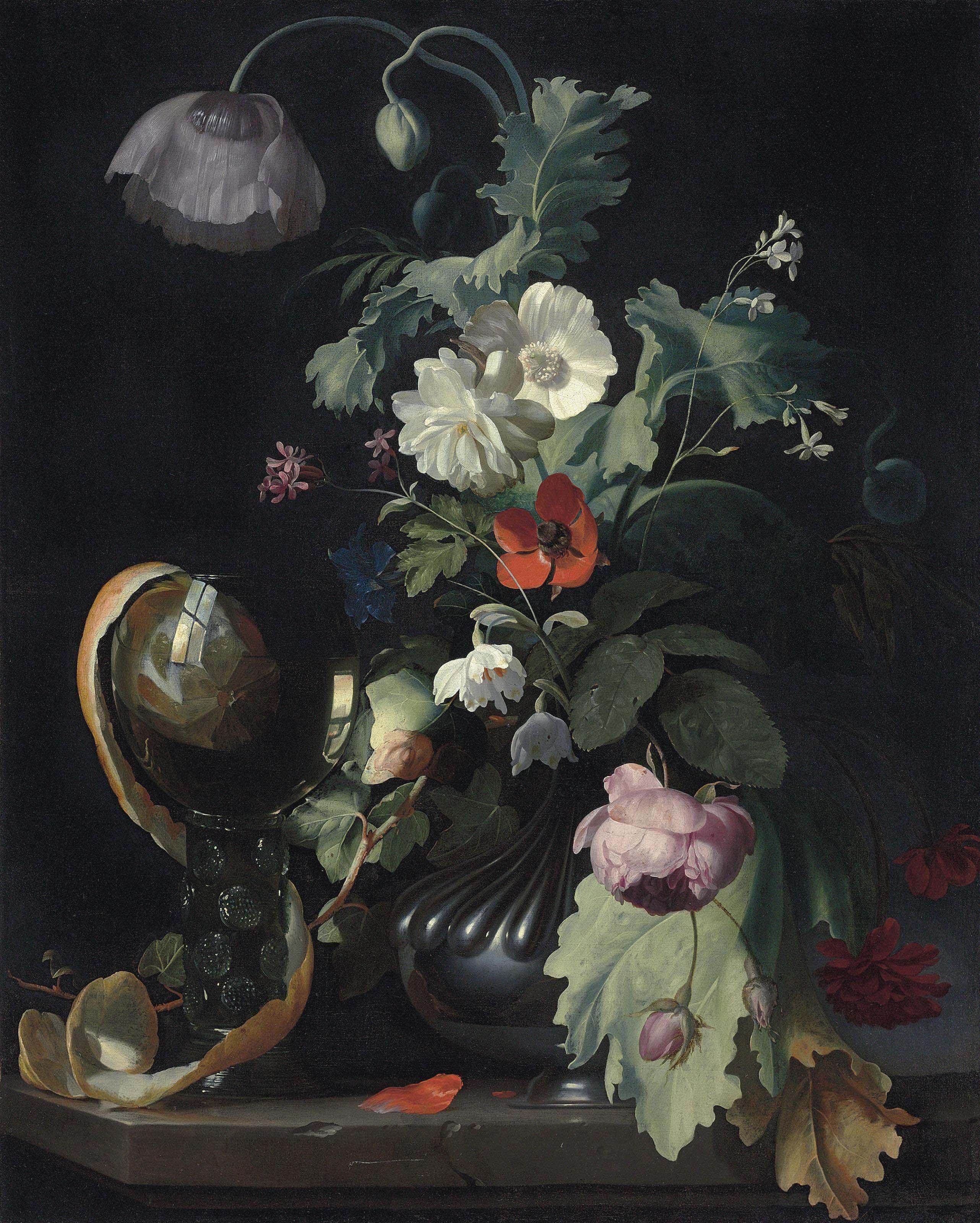 Herman Verelst - Roses, a tulip, a poppy and other flowers in a vase and a half-peeled orange in a roemer, on a stone ledge