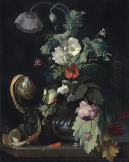 Herman Verelst - Roses, a tulip, a poppy and other flowers in a vase and a half-peeled orange in a roemer, on a stone ledge