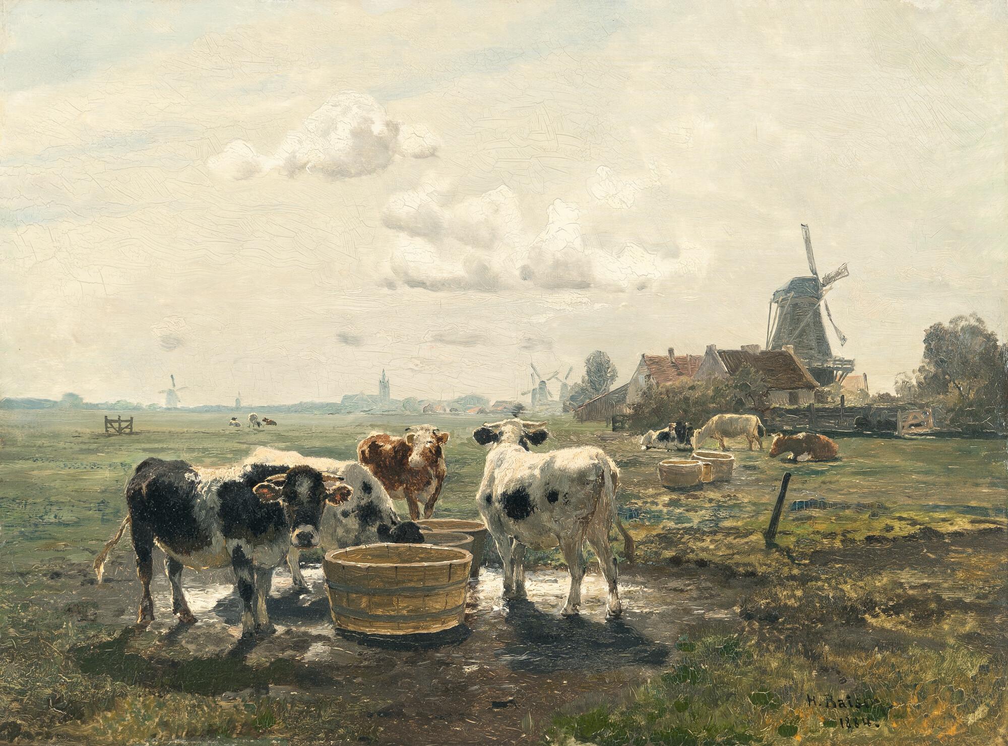 Hermann Baisch - Kühe an der Tränke, im Hintergrund Windmühlen