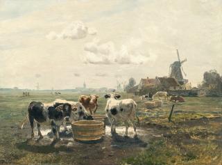 Hermann Baisch - Kühe an der Tränke, im Hintergrund Windmühlen