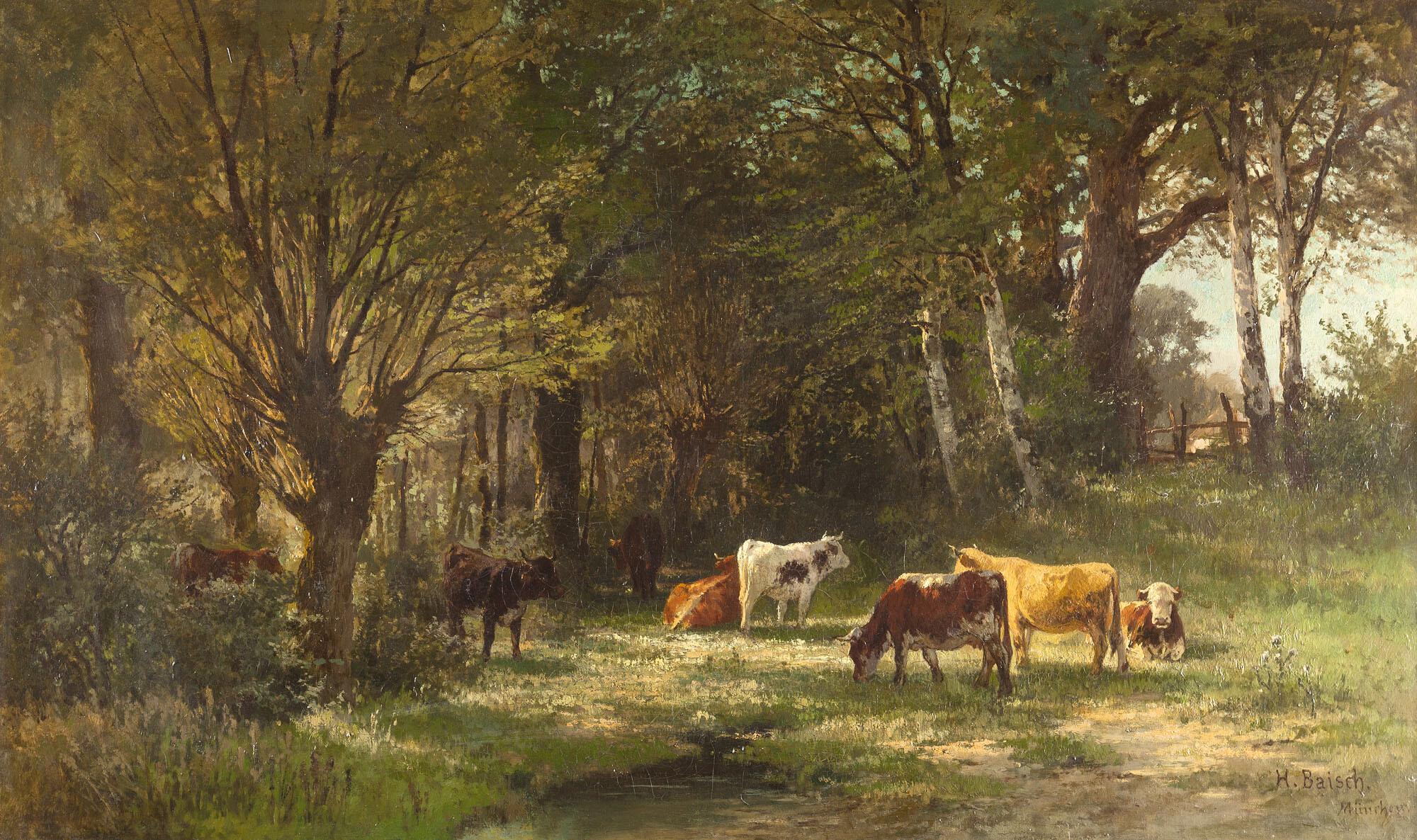 Hermann Baisch - Kühe auf besonnter Lichtung am Waldrand.