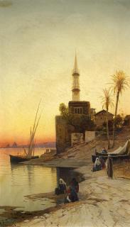 Hermann Corrodi - Abendliche Szene am Nil vor den Pyramiden