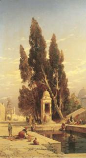 Hermann Corrodi - Bathers by a well in an Arabian village square