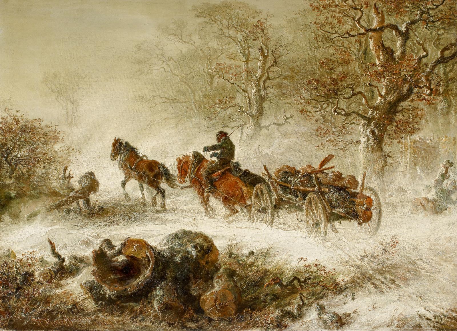 Hermann d.Ä. Kauffmann - Holzfuhrwerk im Schneetreiben