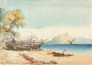 Hermann David Salomon Corrodi - Ein Fischerboot am Strand von Ischia mit Blick auf Castello