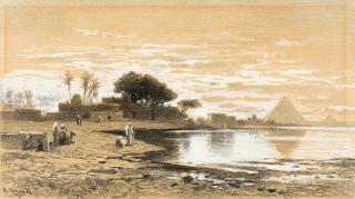 Hermann David Salomon Corrodi - Nillandschaft mit zwei Pyramiden im Hintergrund.
