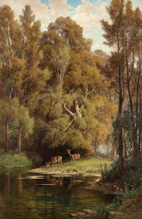 Hermann-David-Salomon Corrodi - Scene in the forest with deers