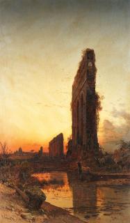 Hermann David Solomon Corrodi - The Roman aqueducts at sunset
