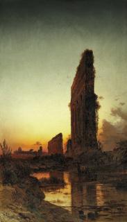 Hermann David Solomon Corrodi - The Roman aqueducts at sunset
