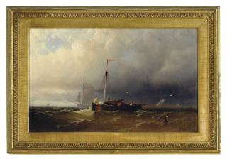 Hermann Herzog - A sailing boat in a storm by the coast