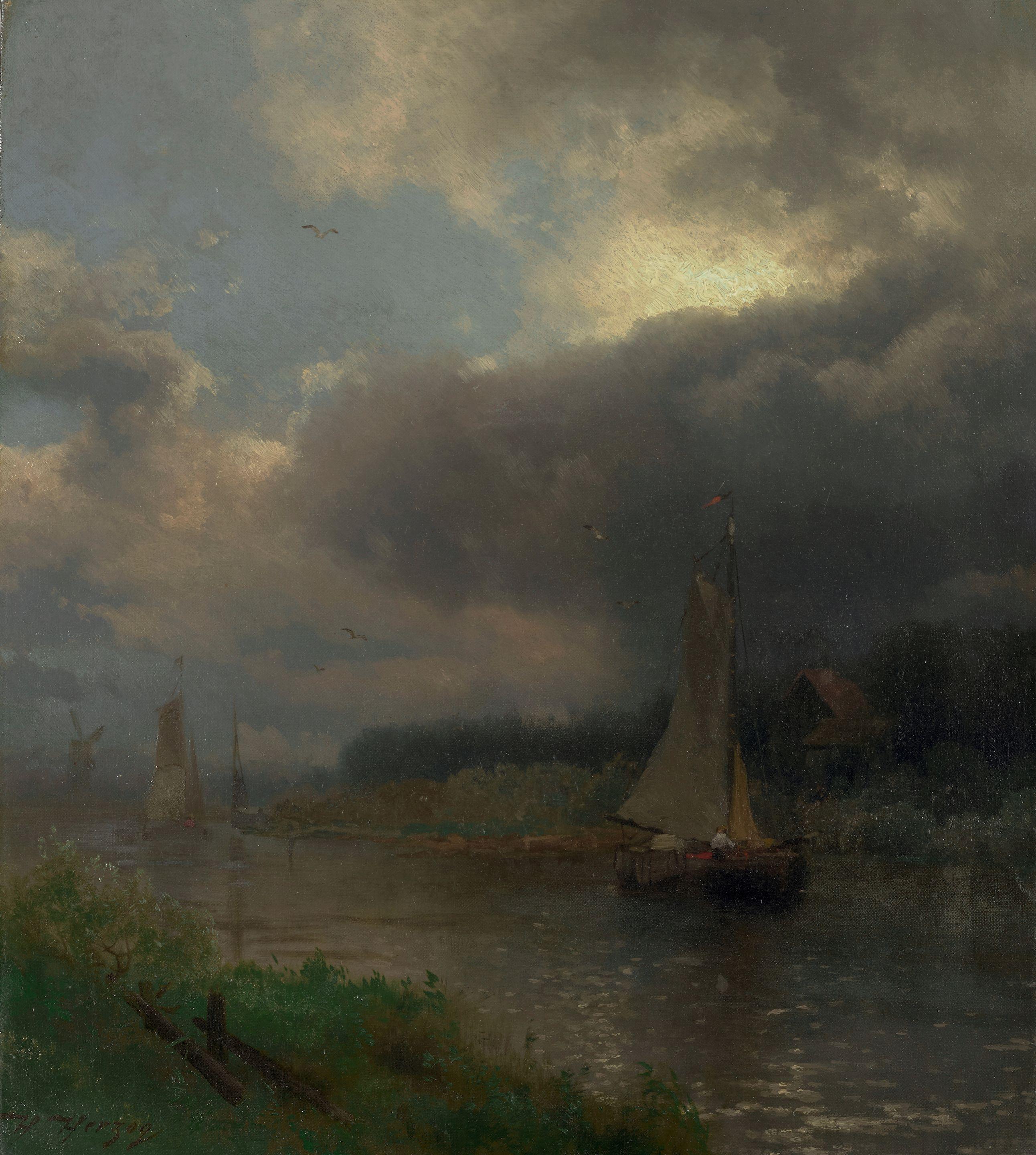 Hermann Herzog - Barges on a Holland Canal