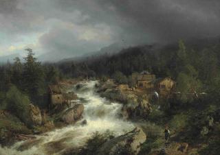 Hermann Herzog - Boy by a Waterfall