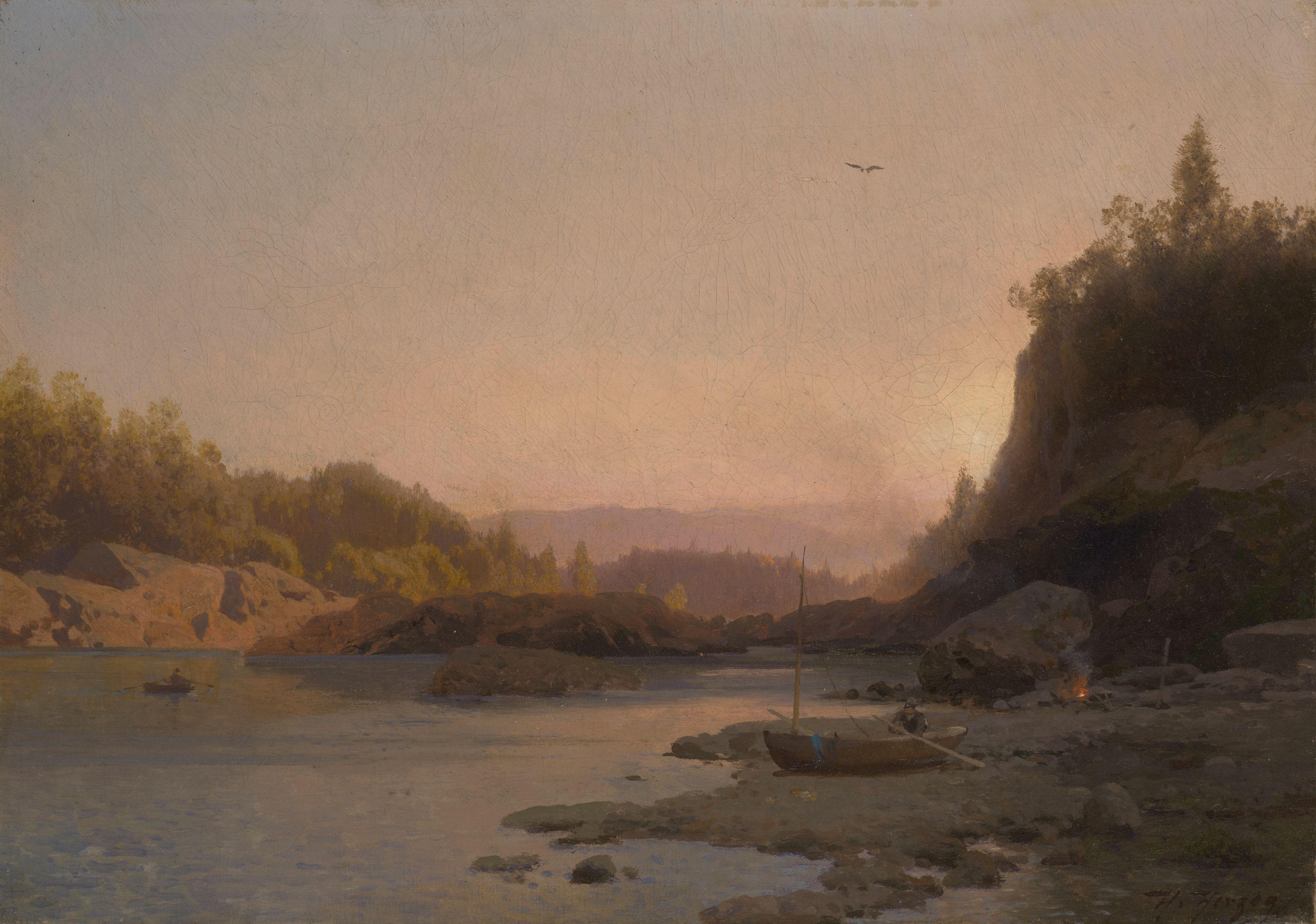 Hermann Herzog - Evening Campfire on the Susquehanna 12 1/8 x 17 1/8 in. (30.8 x 43.5 cm.)