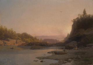 Hermann Herzog - Evening Campfire on the Susquehanna 12 1/8 x 17 1/8 in. (30.8 x 43.5 cm.)
