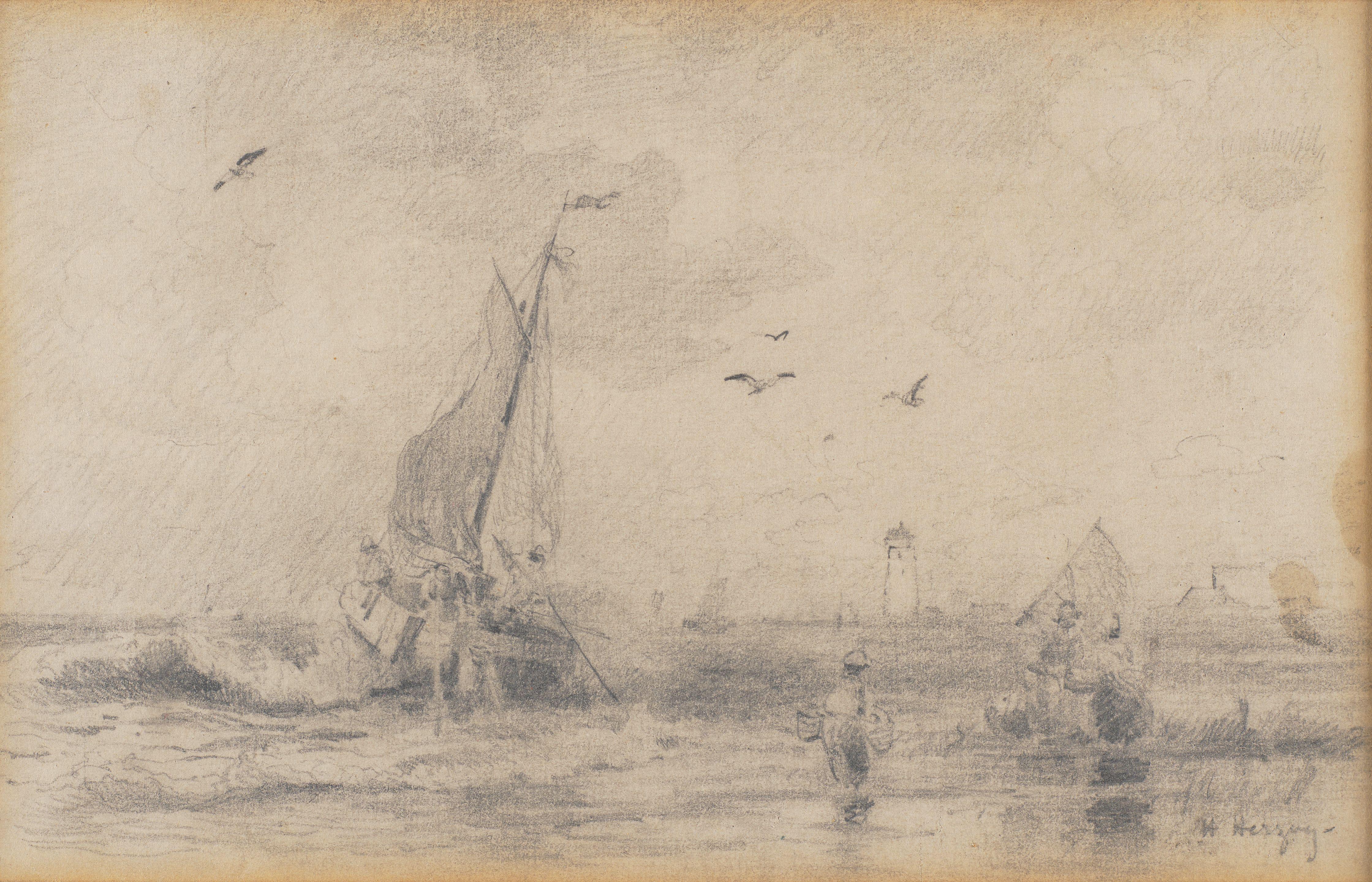 Hermann Herzog - Fishing Boat Pushing Off From a Beach Through the Surf with a Lighthouse Beyond