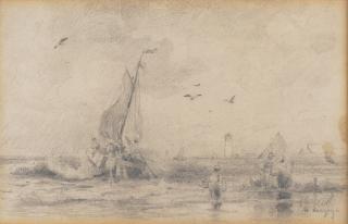 Hermann Herzog - Fishing Boat Pushing Off From a Beach Through the Surf with a Lighthouse Beyond