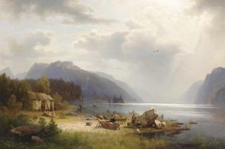 Hermann Herzog - Fishing In An Alpine Lake