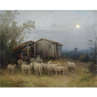 Hermann Herzog - German A Shepherd And His Flock By A Shed