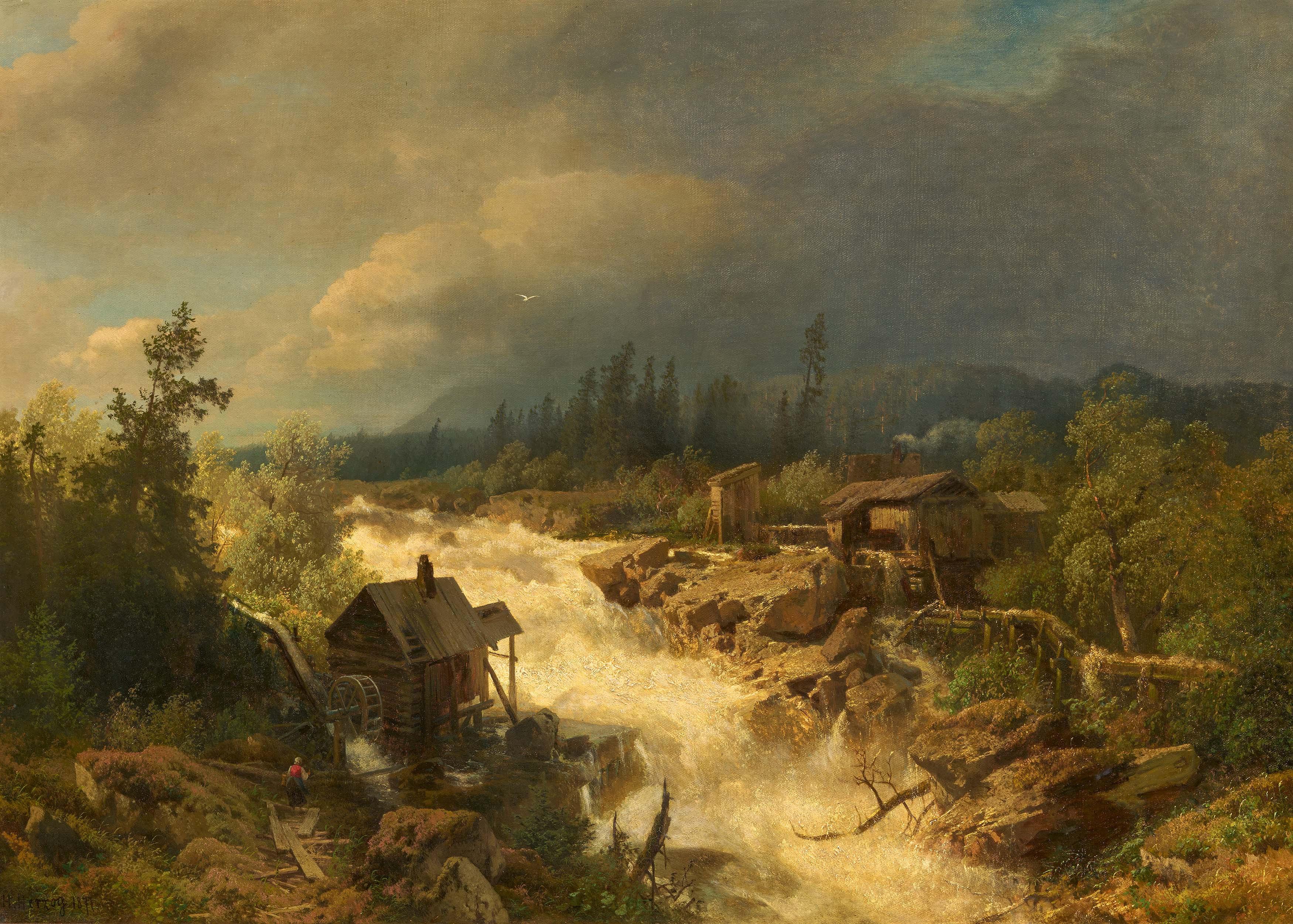 Hermann Herzog - Mühlen am tosenden Wasserfall.