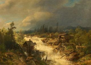 Hermann Herzog - Mühlen am tosenden Wasserfall.